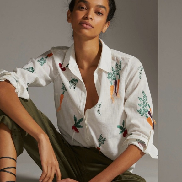 Anthropologie Tops - Embroidered Veggie White Button-Up Shirt
